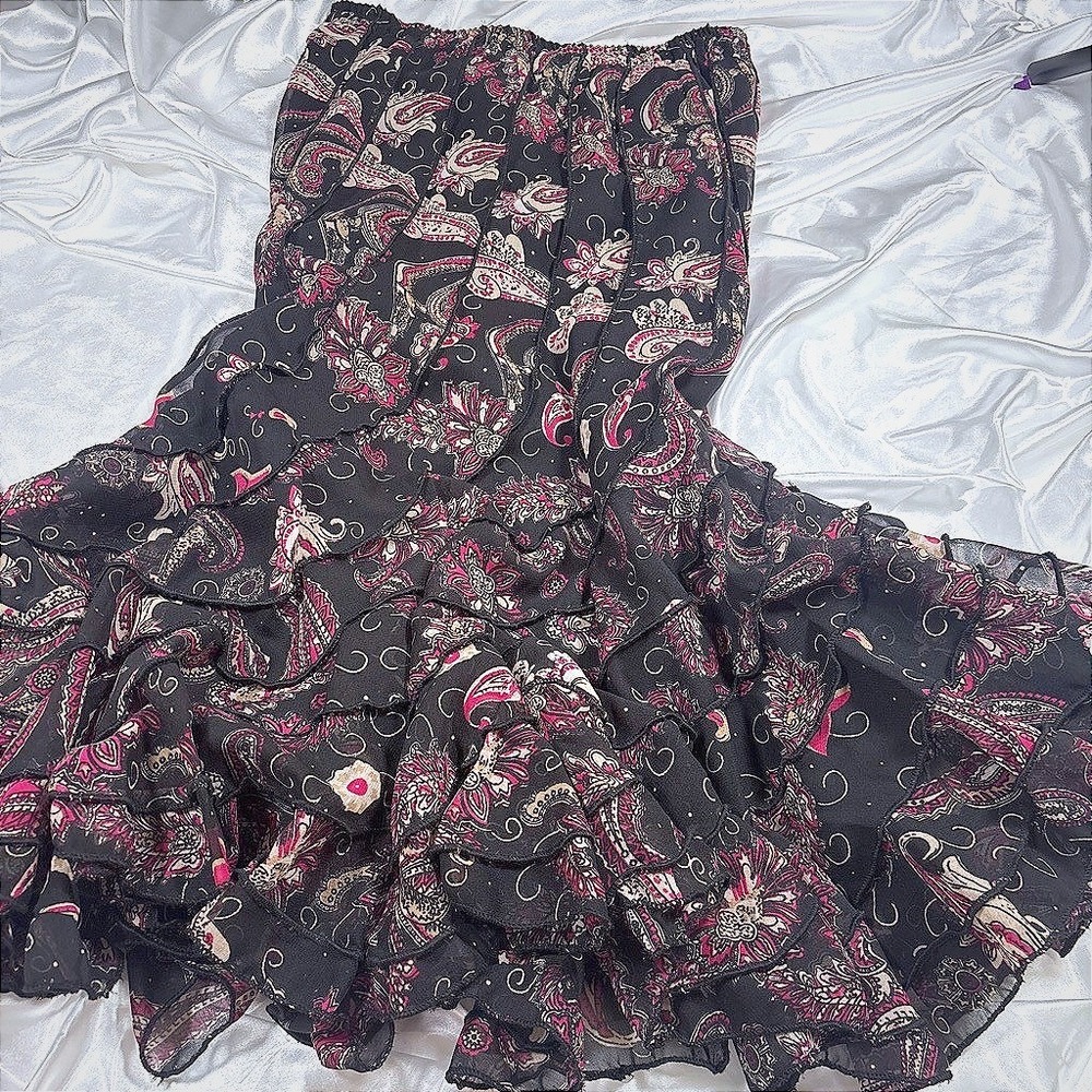 y2k Dimri Tiered Ruffle Skirt Black Pink Paisley Floral Boho Midi